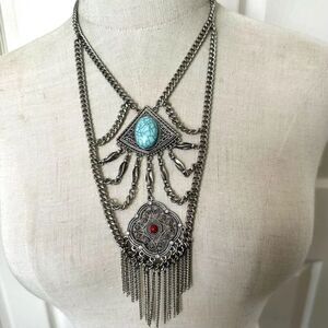 Boho Bohemian red and blue silver chain necklace